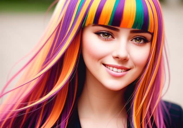 Photo belle jeune femme aux cheveux colorés portrait d'une fille aux cheveux multicolores ai générative