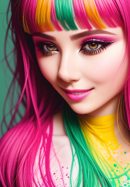 Belle jeune femme aux cheveux colorés Portrait d'une fille aux cheveux multicolores AI générative