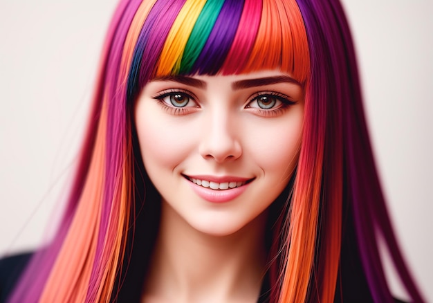 Photo belle jeune femme aux cheveux colorés portrait d'une fille aux cheveux multicolores generative ai
