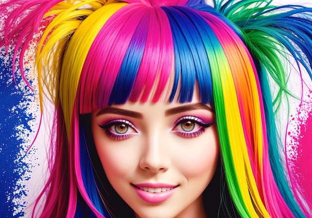 Photo belle jeune femme aux cheveux colorés portrait d'une fille aux cheveux multicolores generative ai