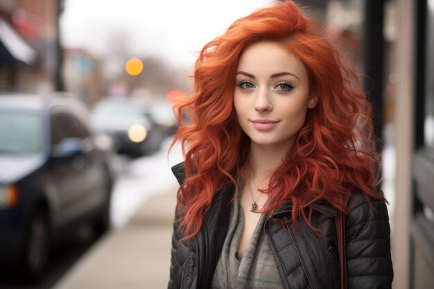 une belle jeune femme aux cheveux rouges debout dans la rue