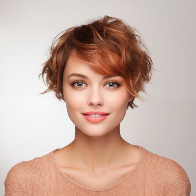 Belle jeune femme aux cheveux roux portrait coiffure courte sur fond blanc prise de studio