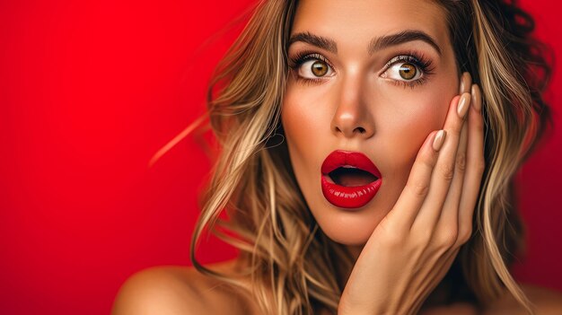 Photo une belle jeune femme aux lèvres rouges sur un fond rouge.