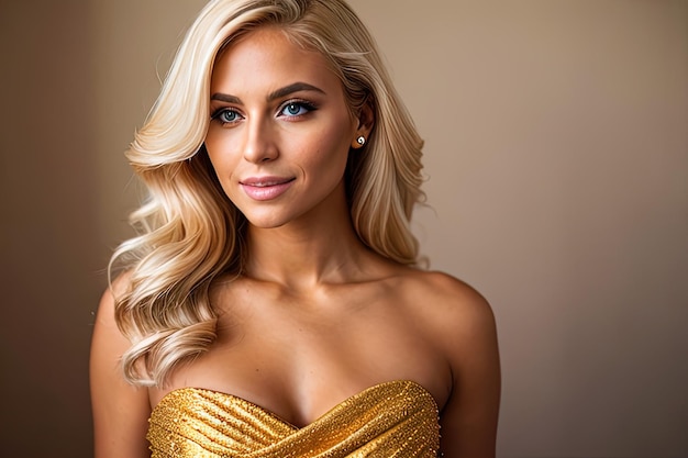 Photo belle jeune femme aux longs cheveux blonds portant une robe dorée sur fond blanc isolé avec