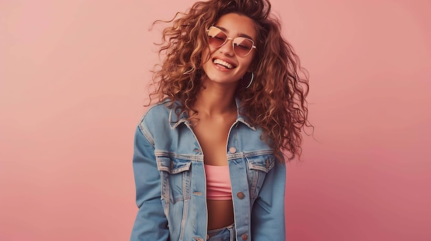 Une belle jeune femme aux longs cheveux bouclés portant une veste en jean et des lunettes de soleil roses souriant et riant sur un fond rose