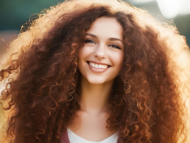 Une belle jeune femme aux longs cheveux bouclés souriant à l'extérieur