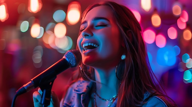 Une belle jeune femme aux longs cheveux bruns chante dans un micro. Elle porte une veste bleue et a les yeux fermés.