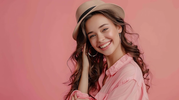 Une belle jeune femme aux longs cheveux bruns et un sourire charmant portant un chapeau d'été élégant elle est vêtue d'un chemisier rose décontracté