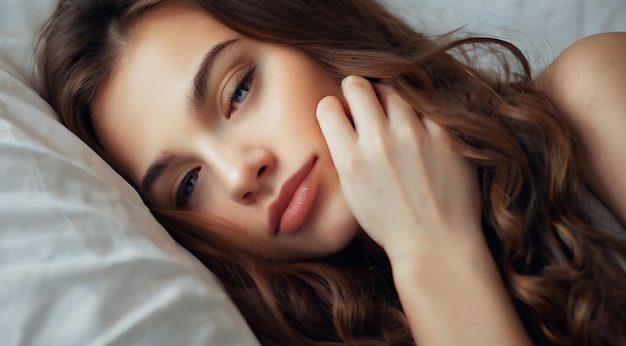 Une belle jeune femme aux longs cheveux ondulés dort paresseusement le matin au lit pour la Journée mondiale du sommeil.