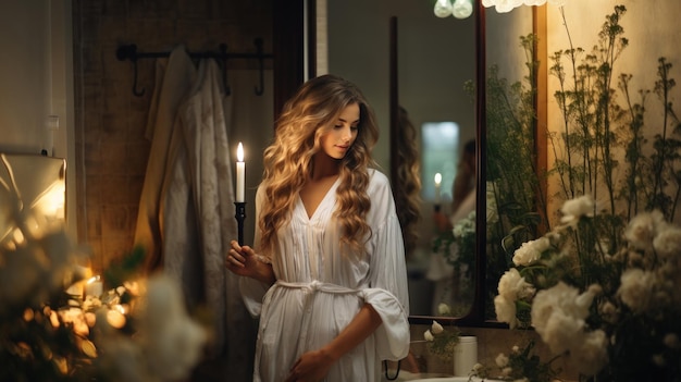 Belle jeune femme aux longs cheveux ondulés en peignoir blanc tenant une bougie allumée à la main