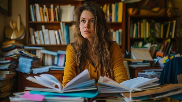 Une belle jeune femme aux longs cheveux ondulés qui travaille au bureau.