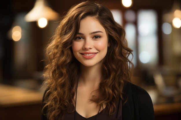 une belle jeune femme aux longs cheveux ondulés souriant à la caméra