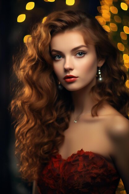 Belle jeune femme aux longs cheveux rouges bouclés Portrait d'une fille en robe rouge