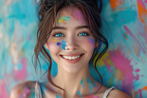 Une belle jeune femme aux yeux bleus perçants et un visage légèrement asiatique en peinture multicolore près d'un mur peint de couleurs vives