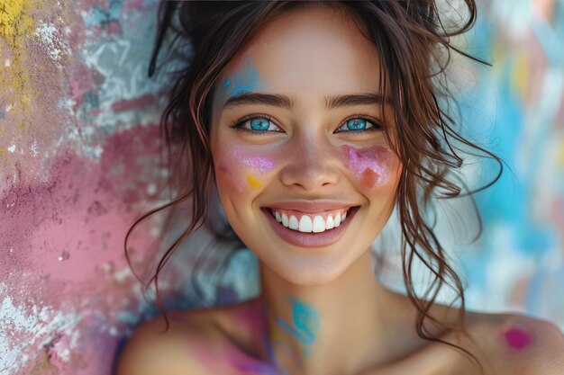 Photo une belle jeune femme aux yeux bleus perçants et un visage légèrement asiatique en peinture multicolore près d'un mur peint de couleurs vives