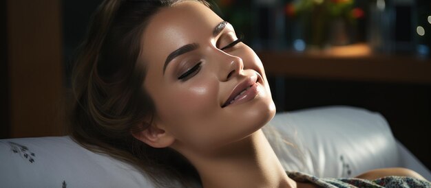 Une belle jeune femme aux yeux fermés allongée sur le canapé dans un salon de spa.