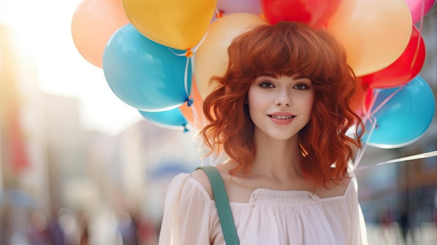 Belle jeune femme avec des ballons colorés dans la rue de la ville