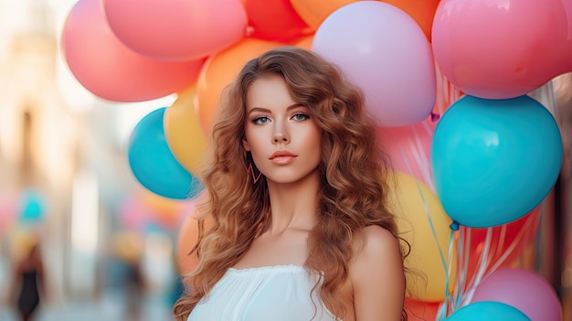 Belle jeune femme avec des ballons colorés dans la rue de la ville