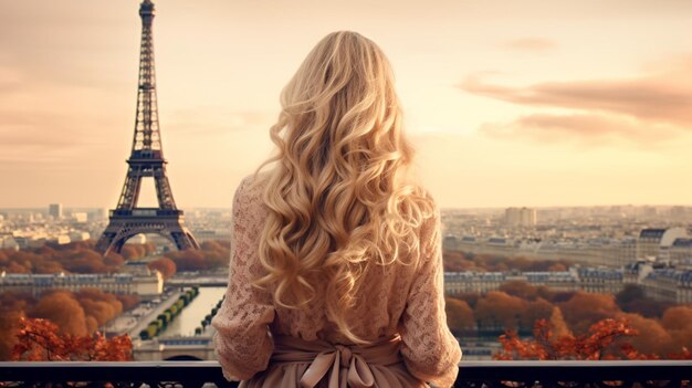 Une belle jeune femme blonde aux cheveux longs et à la robe blanche à Paris, en France.