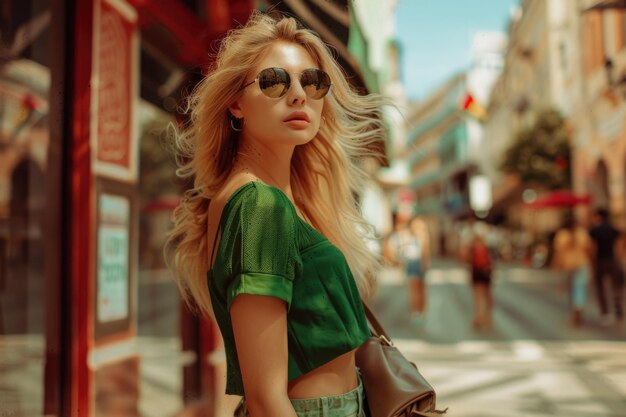 Une belle jeune femme blonde portant des lunettes de soleil, un short vert et un sac à main marche dans la rue.