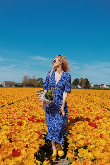 Belle jeune femme blonde vêtue d'une robe bleue tenant un panier de paille dans un champ de tulipes à fleurs jaunes et oranges par une journée d'été ensoleillée sur fond de ciel bleu clair Concept de voyage nature