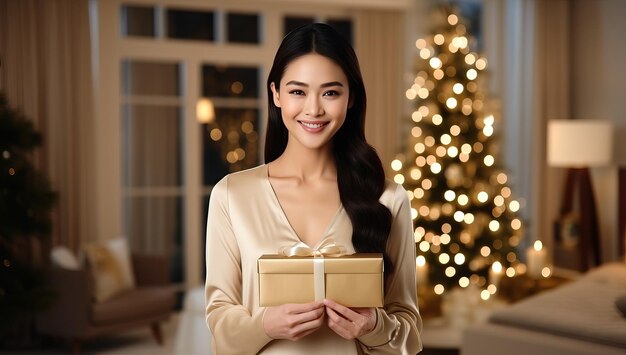 Belle jeune femme avec boîte-cadeau dans la chambre décorée pour la célébration de Noël