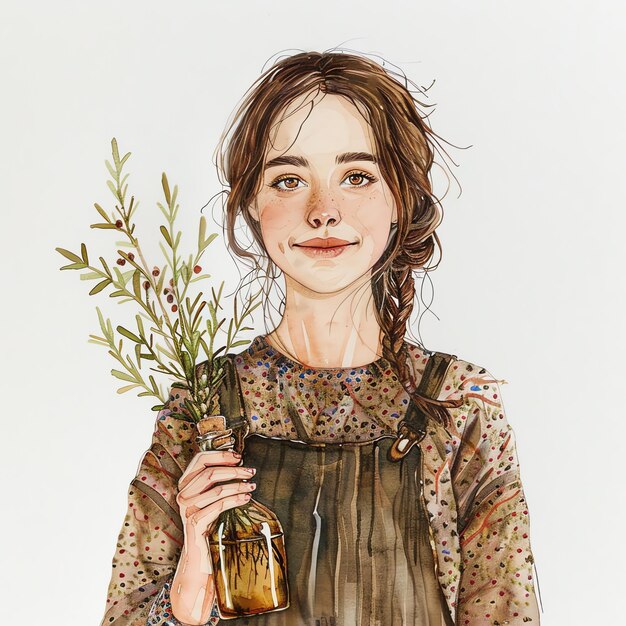 Photo belle jeune femme avec une branche d'huile d'olive dans sa main cottagecore vie simple