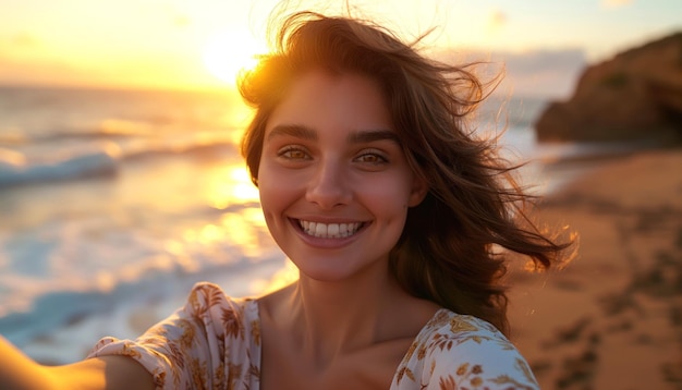 Une belle jeune femme brune avec des dents parfaitement saines et un sourire denté faisant un selfie souriant