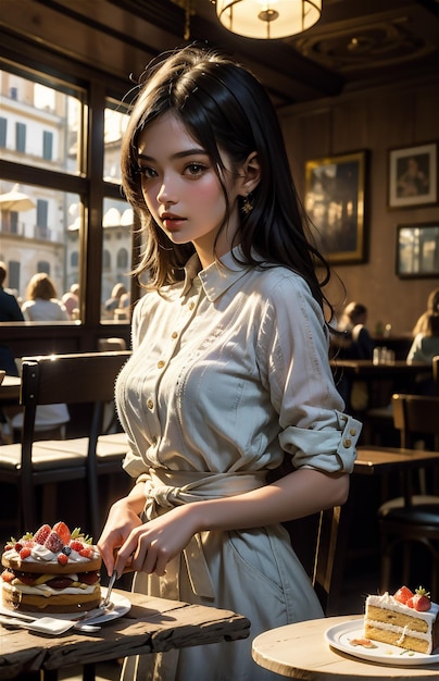 Une belle jeune femme buvant du café à Paris près de la tour Eiffel.