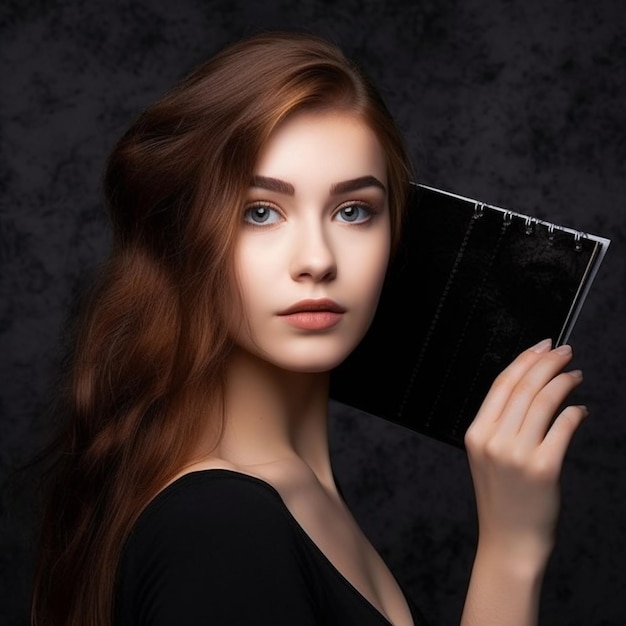 Une belle jeune femme avec un calendrier noir sur fond blanc