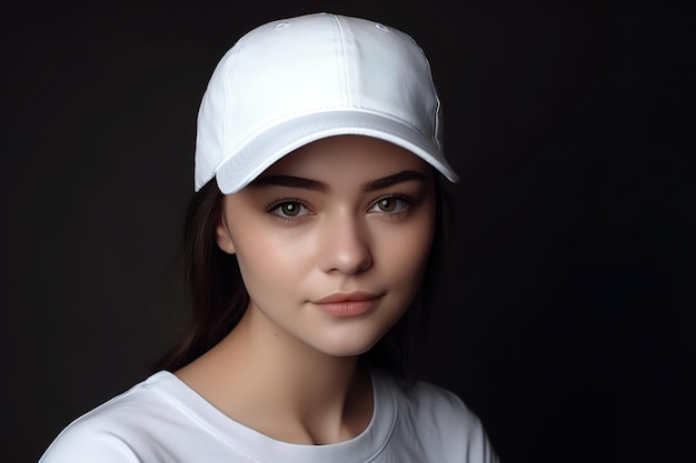 Photo belle jeune femme avec une casquette blanche vierge modèle de maquette de casquette de baseball espace de copie pour l'impression graphique du logo texte maquette de base cap vue rapprochée ai générative