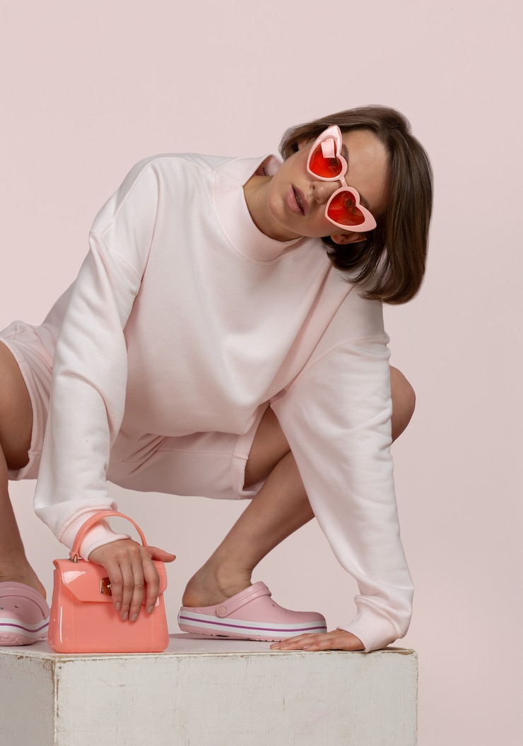 Photo belle jeune femme caucasienne posant dans la tenue de sport rose avec des accessoires roses dans un studio