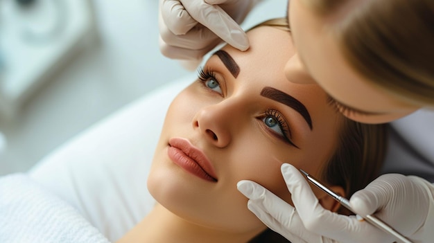 une belle jeune femme avec de la cendre de sourcils sur le visage au salon de beauté