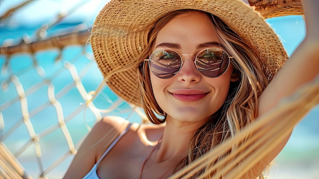 Une belle jeune femme avec un chapeau de paille et des lunettes de soleil allongée sur un hameau, illustration générée par l'IA