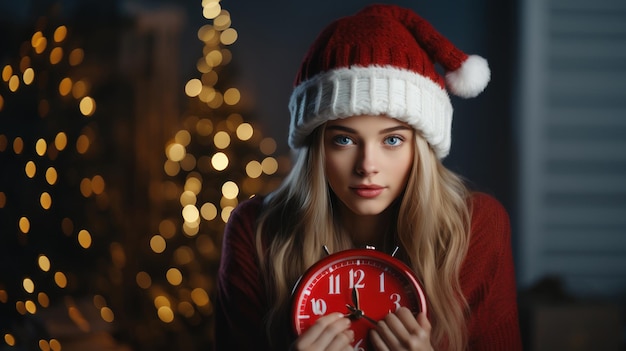 Une belle jeune femme en chapeau de Père Noël tenant un réveil à la maison contre l'arbre du Nouvel An