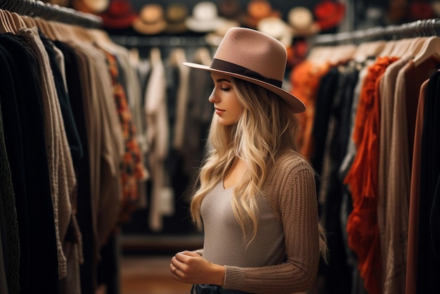 Une belle jeune femme en chapeau qui regarde les vêtements dans le magasin.