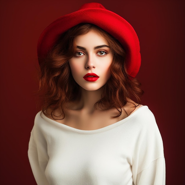 Une belle jeune femme avec un chapeau rouge.