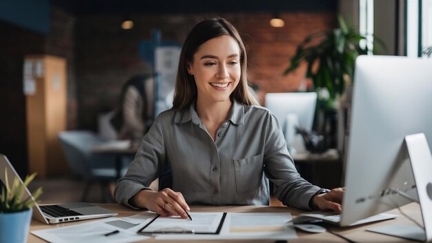 Une belle jeune femme en chemise grise travaille avec les documents en utilisant son ordinateur.