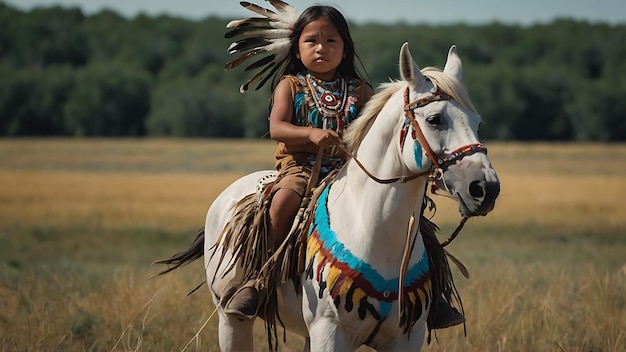 Une belle jeune femme avec un cheval indien amérindien dans le champ.