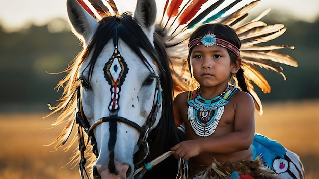 Une belle jeune femme avec un cheval indien amérindien dans le champ.