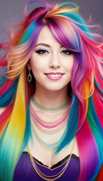 Photo une belle jeune femme avec des cheveux arc-en-ciel brillants coupe de cheveux arc- en-ciel