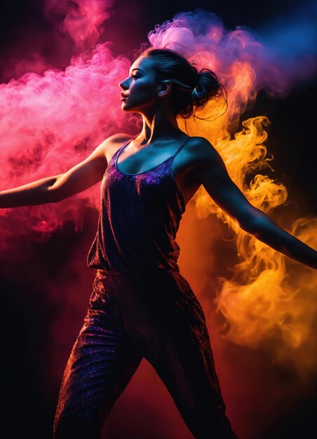 Photo une belle jeune femme avec des cheveux colorés dans la fumée colorée ai générative