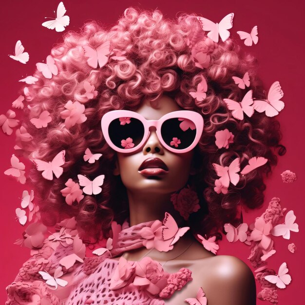 Photo une belle jeune femme avec des cheveux roses et des papillons beauté mode