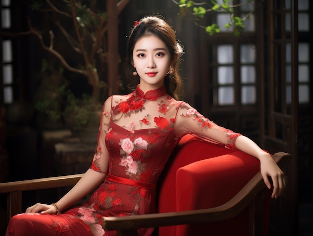Belle jeune femme chinoise assise dans un studio en robe traditionnelle chinoise rouge