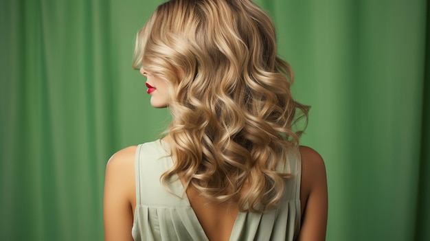 Belle jeune femme avec une coiffure ondulée élégante blonde sur fond vert Generative Ai