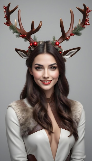 Une belle jeune femme avec des cornes de cerf de Noël sur la tête.