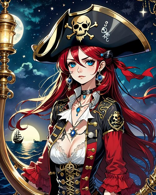 Photo une belle jeune femme en costume de pirate et un capitaine sur le fond de la plage