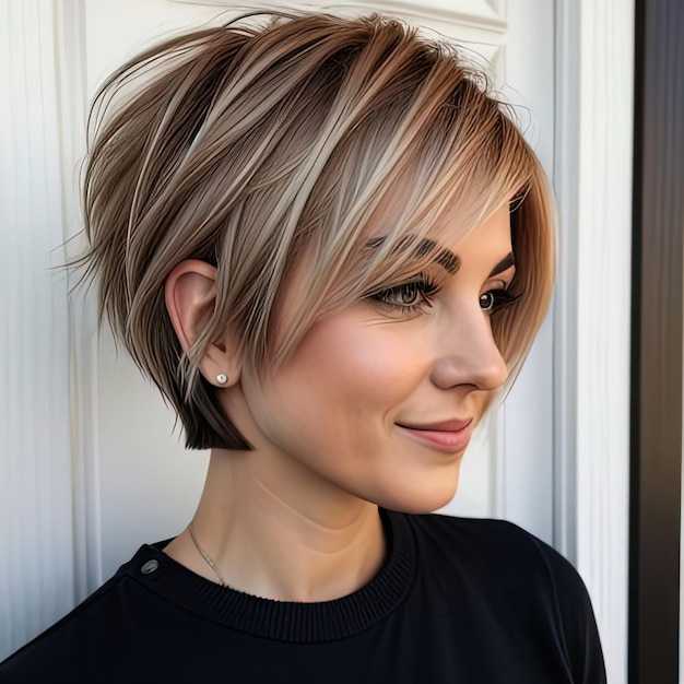 Photo belle jeune femme avec une coupe de cheveux courte dans des vêtements à la mode