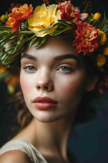 Une belle jeune femme avec une couronne de fleurs sur la tête.