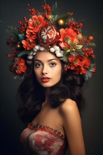 Photo une belle jeune femme avec une couronne de noël sur la tête.